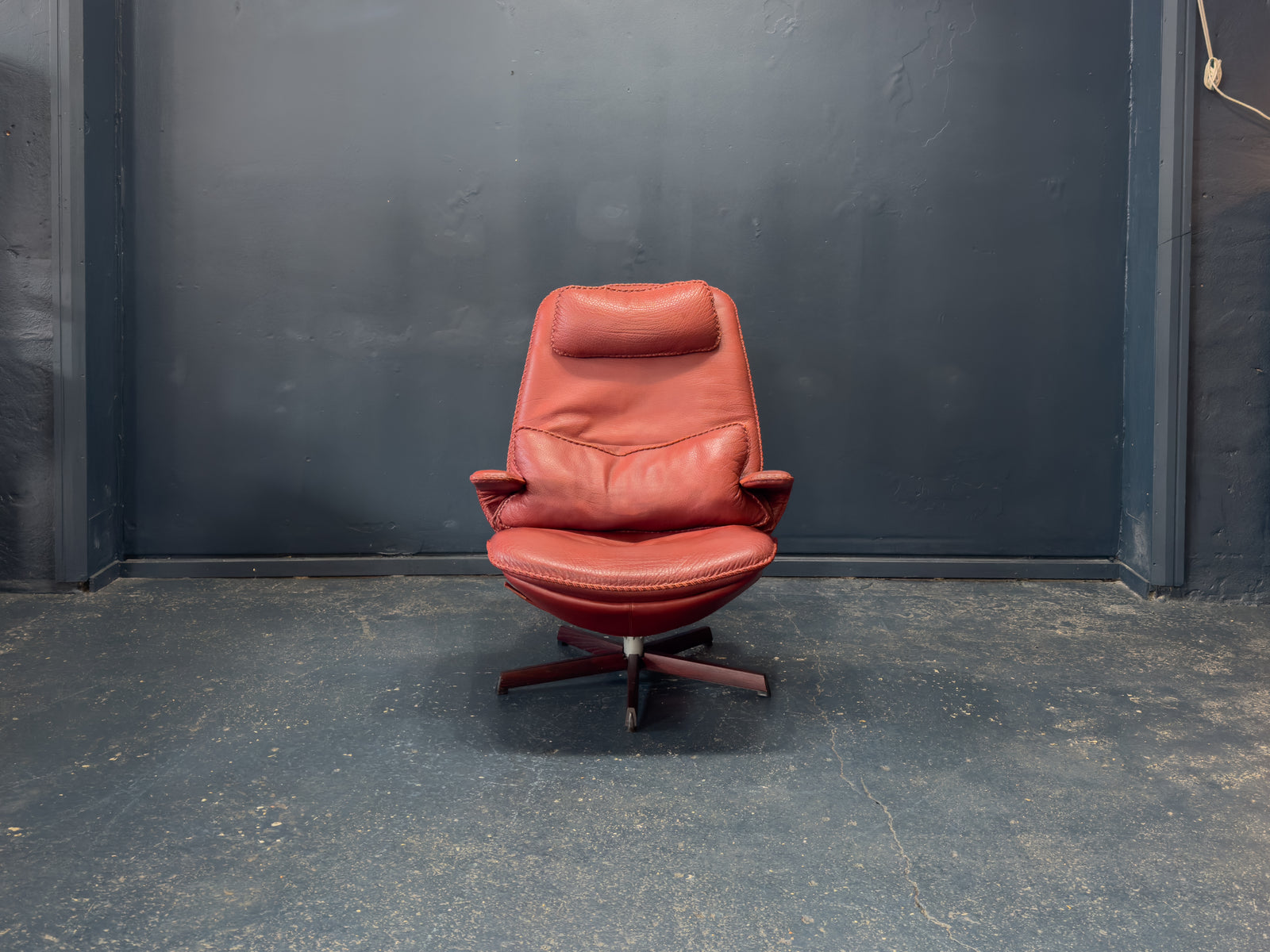 Madsen & Schübel Red Leather Swivel Armchair with Footstool