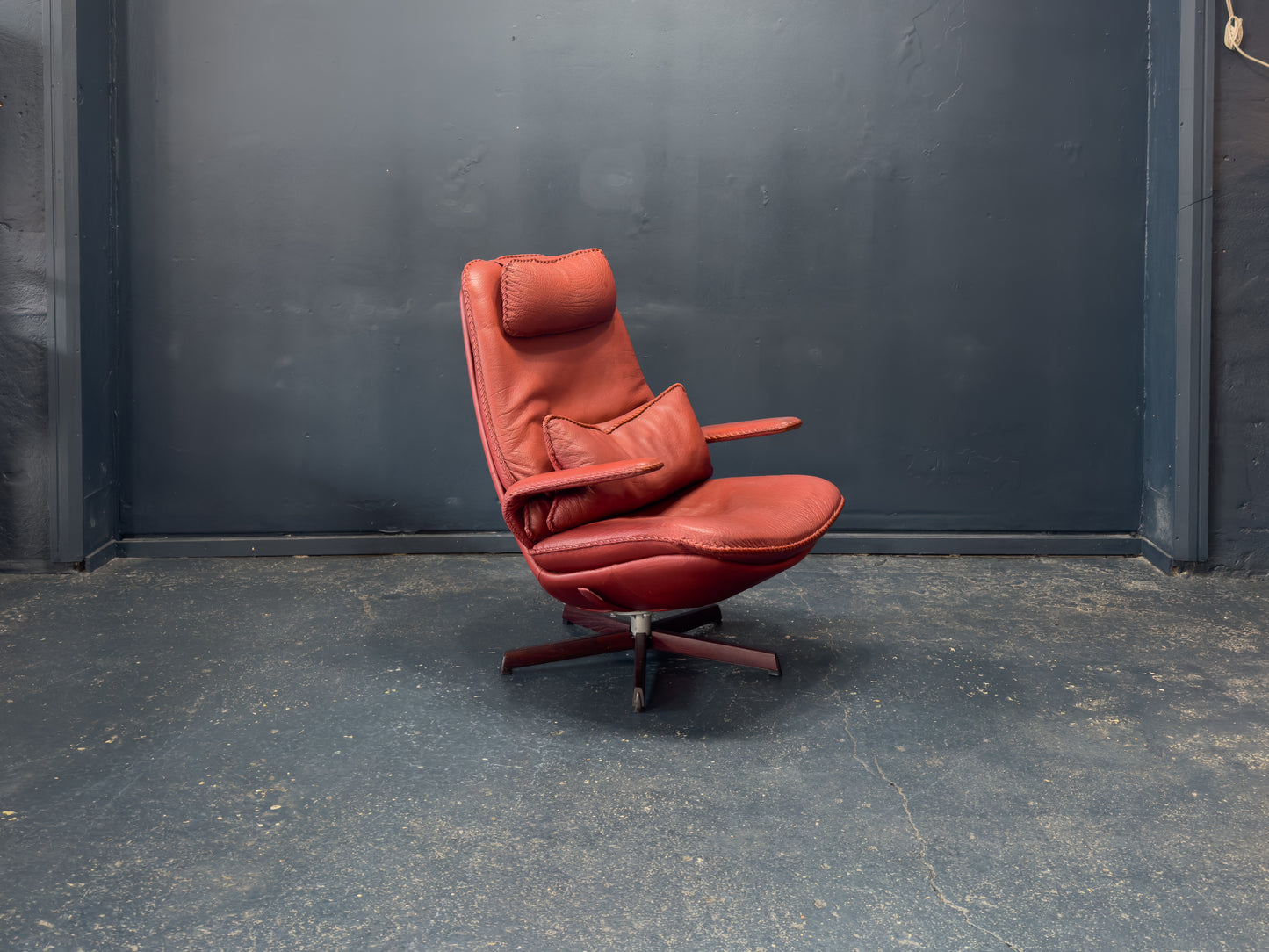 Madsen & Schübel Red Leather Swivel Armchair with Footstool