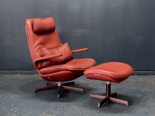 Madsen & Schübel Red Leather Swivel Armchair with Footstool