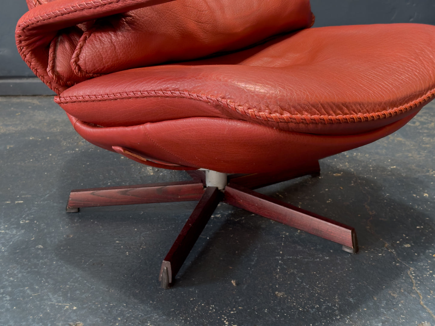 Madsen & Schübel Red Leather Swivel Armchair with Footstool