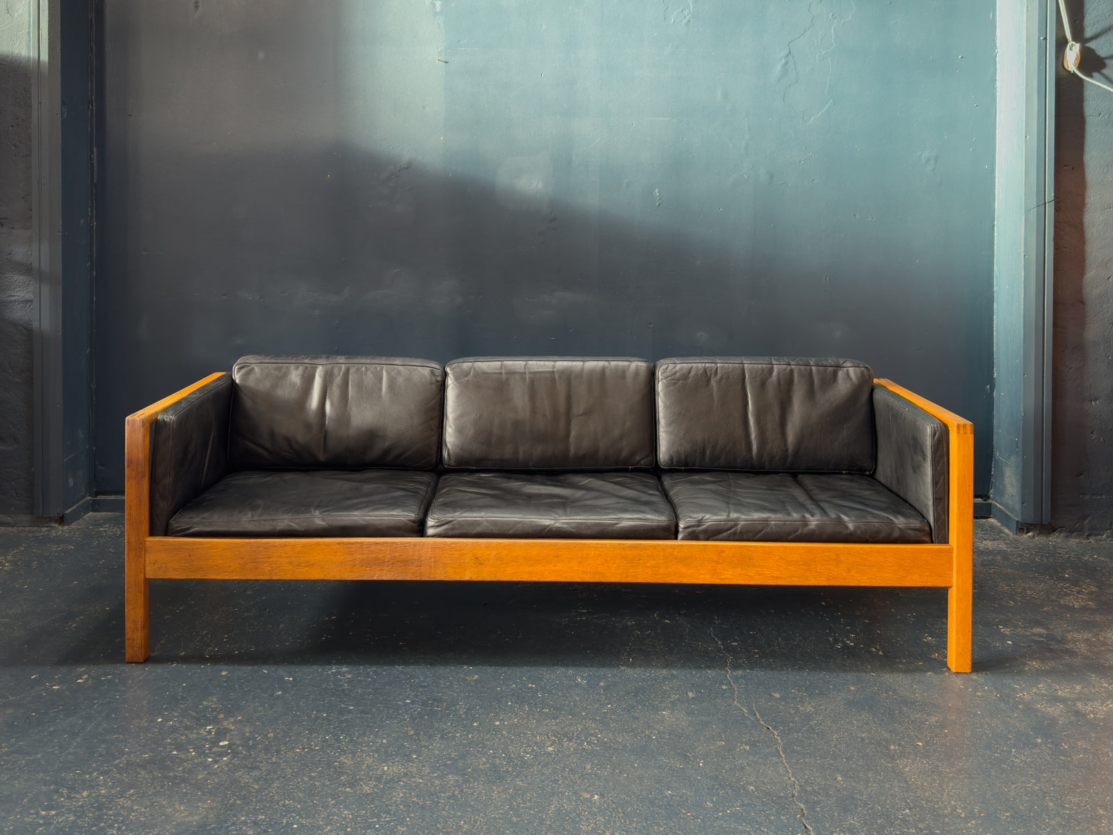 Oak and Black Leather Sofa