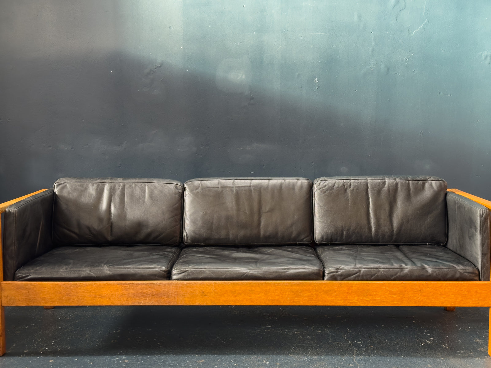 Oak and Black Leather Sofa