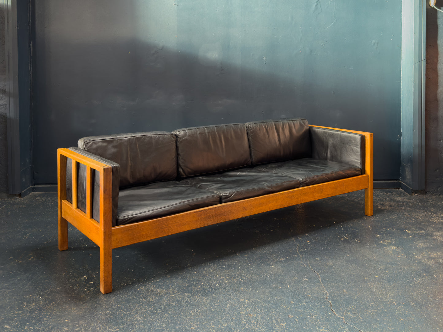 Oak and Black Leather Sofa