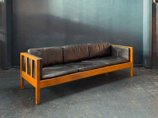 Oak and Black Leather Sofa