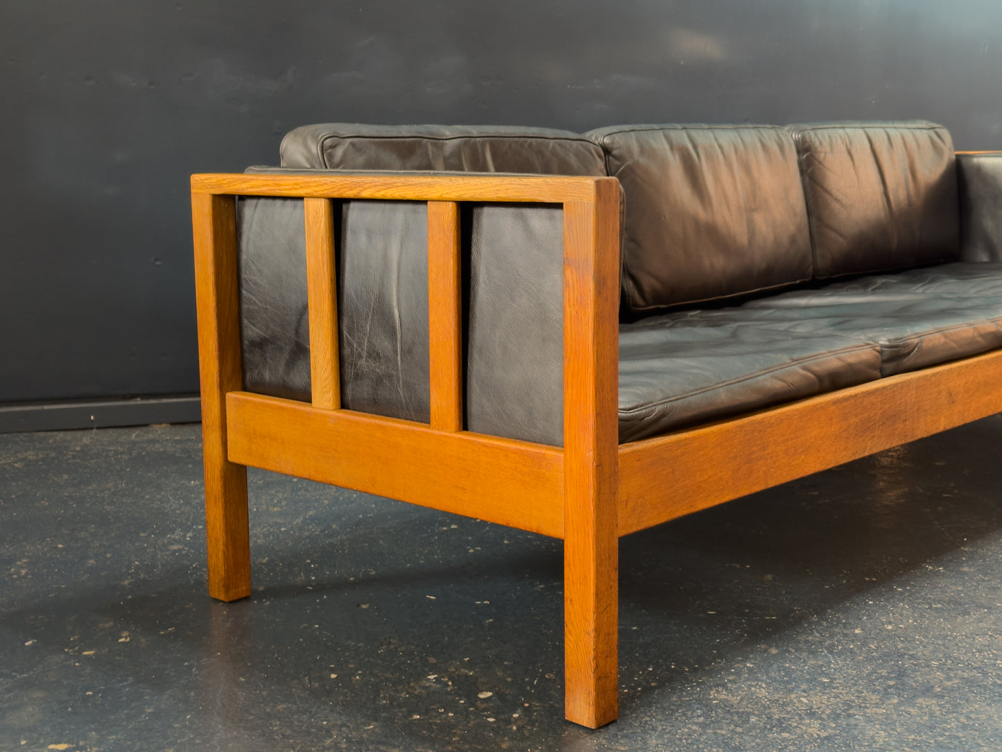 Oak and Black Leather Sofa