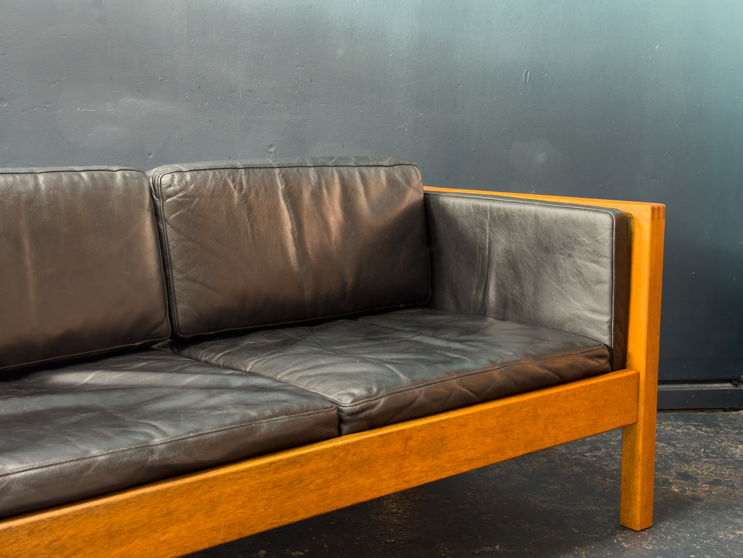 Oak and Black Leather Sofa