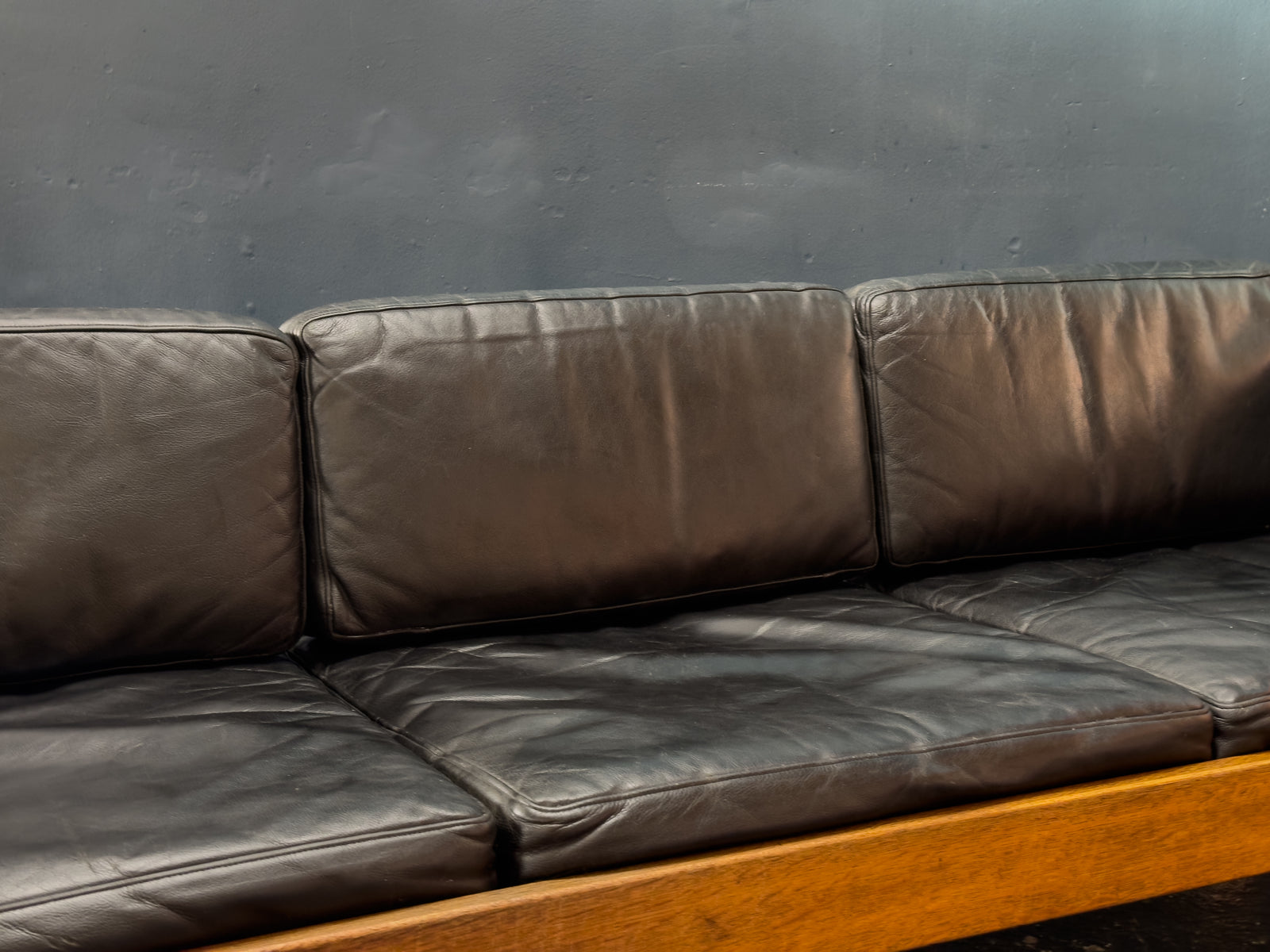 Oak and Black Leather Sofa