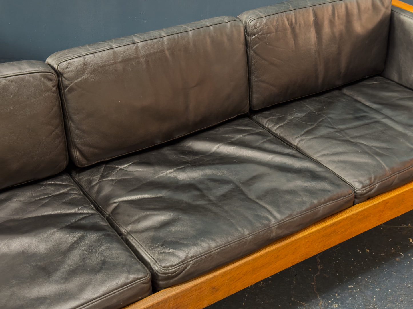 Oak and Black Leather Sofa