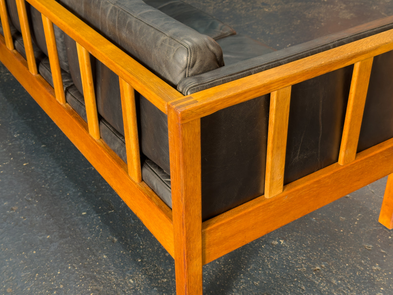 Oak and Black Leather Sofa