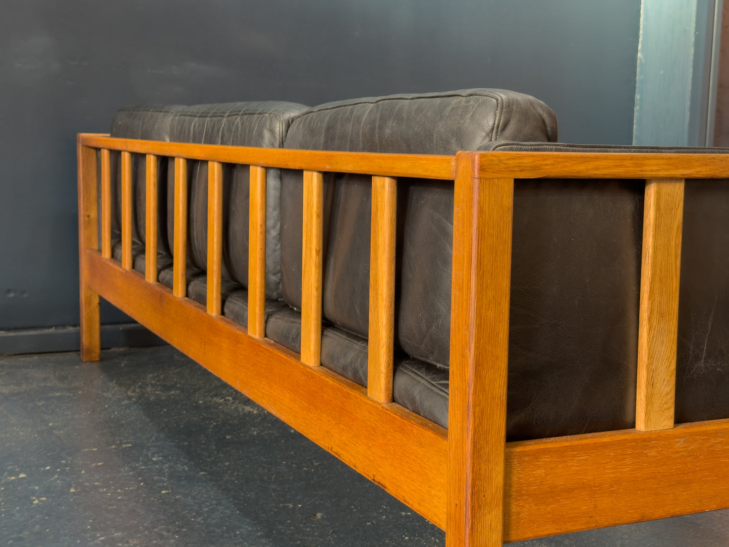 Oak and Black Leather Sofa