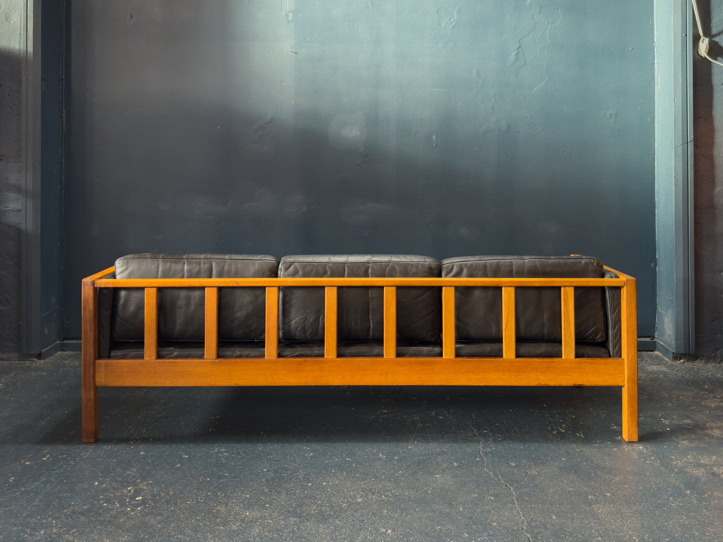 Oak and Black Leather Sofa