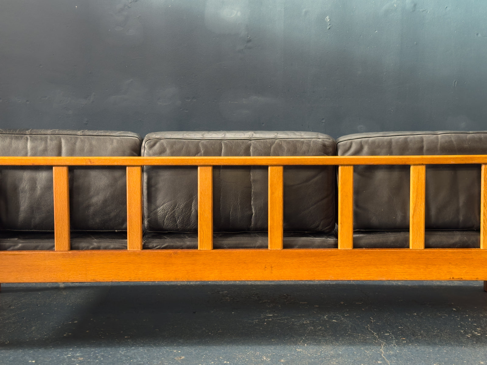 Oak and Black Leather Sofa