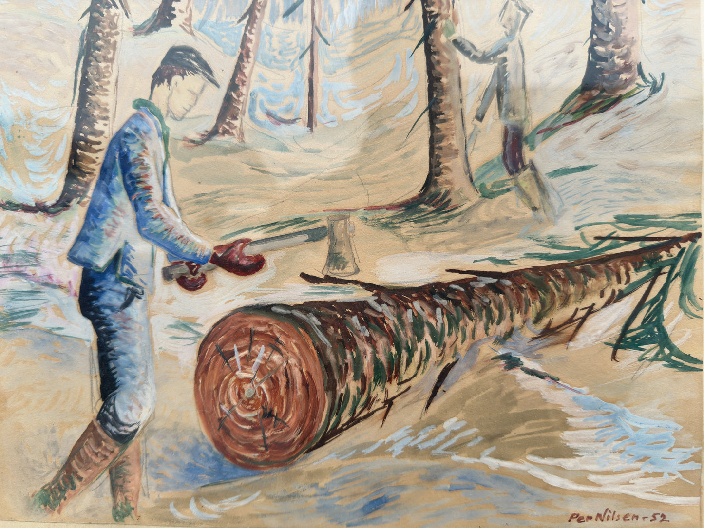 Drawing of lumberjack in the woods