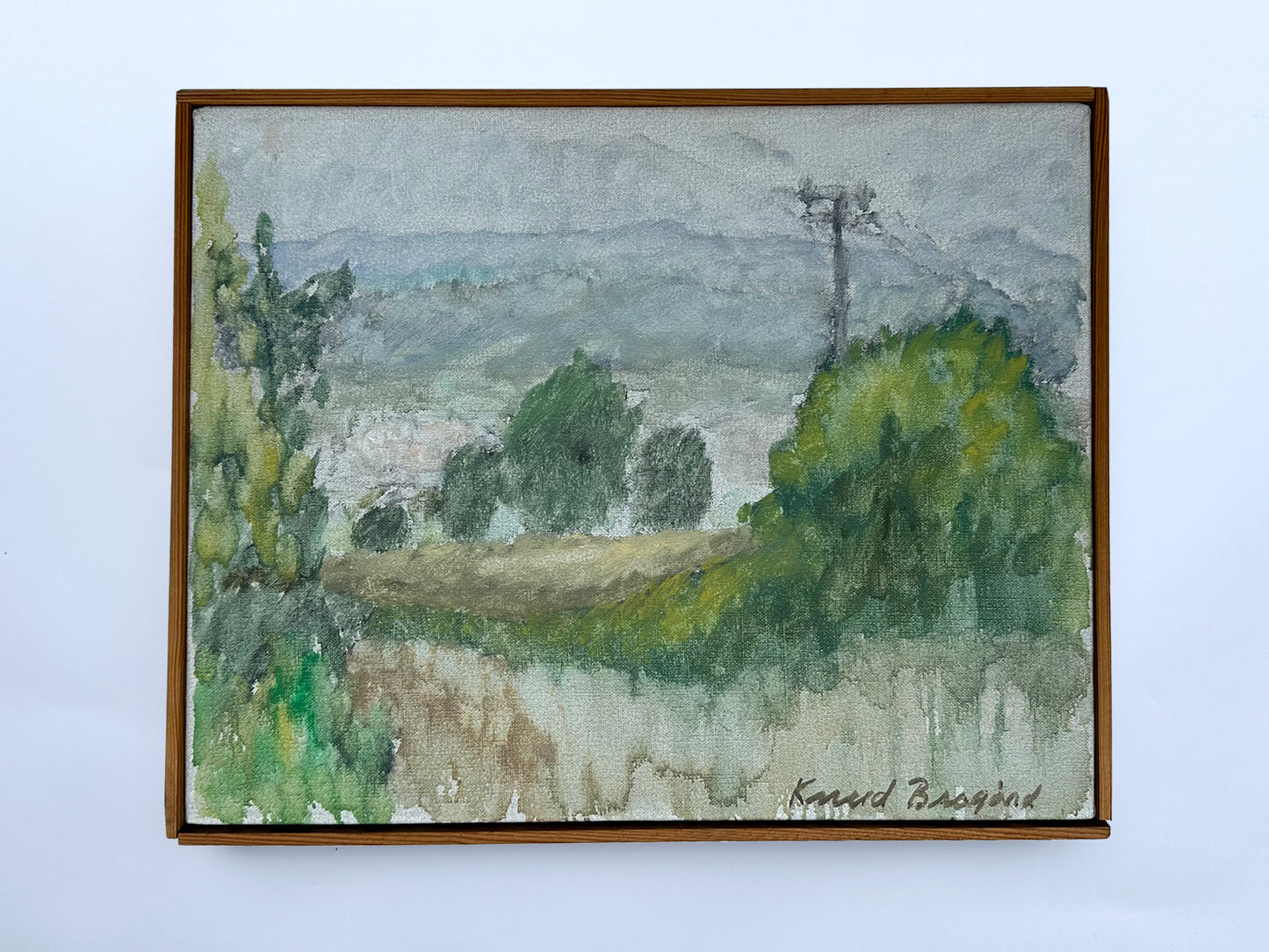 Painting of bushes and trees with telephone pole in background