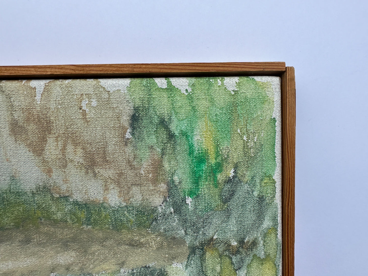 Painting of bushes and trees with telephone pole in background