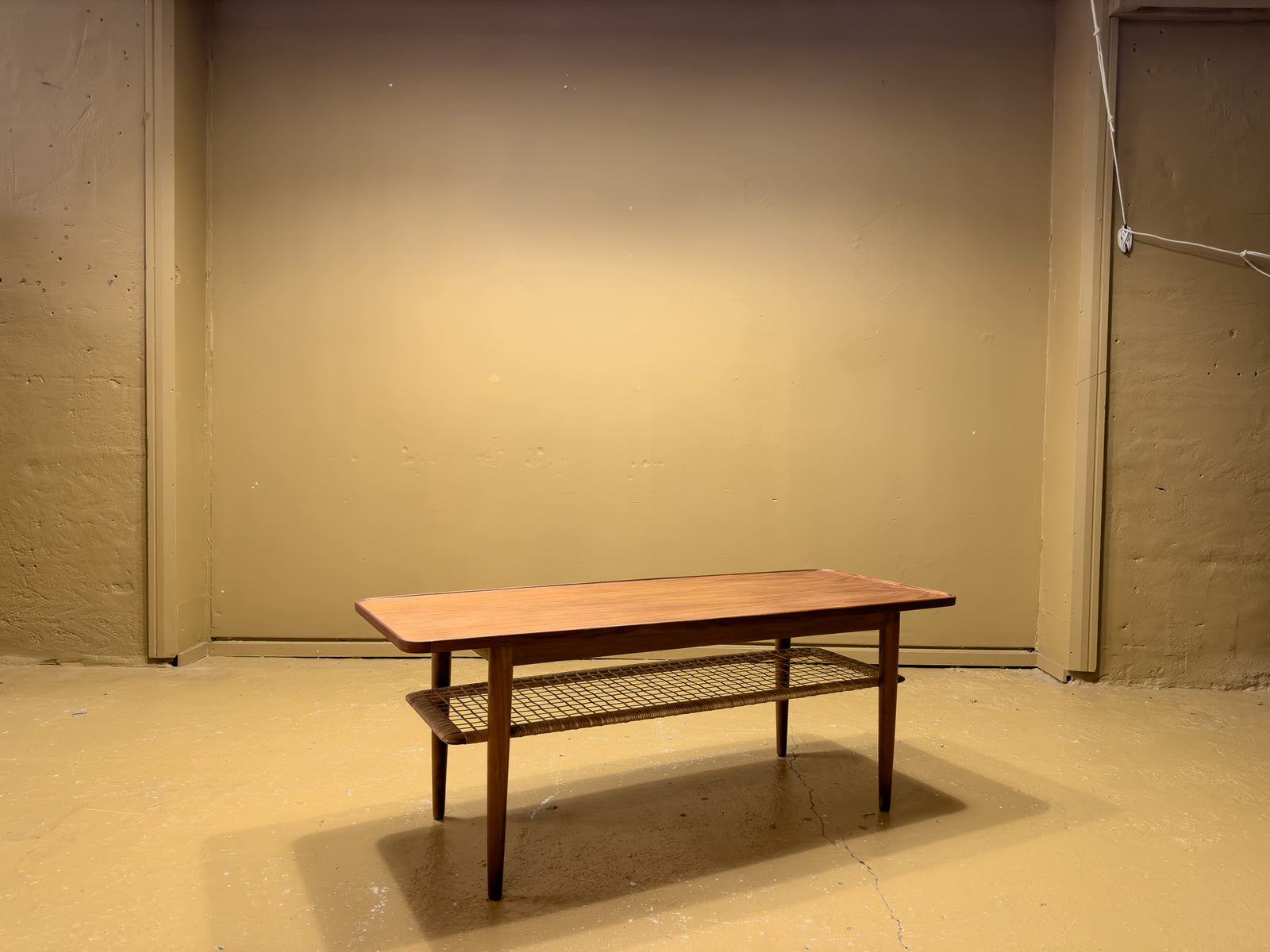 Teak Coffee Table with Wicker Shelf