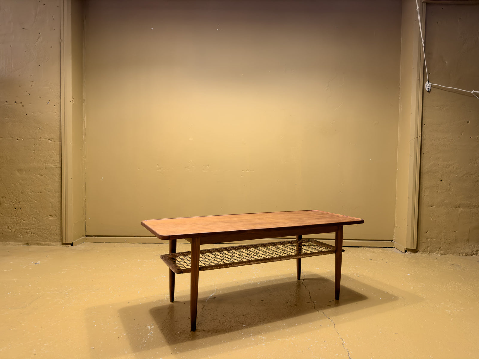 Teak Coffee Table with Wicker Shelf