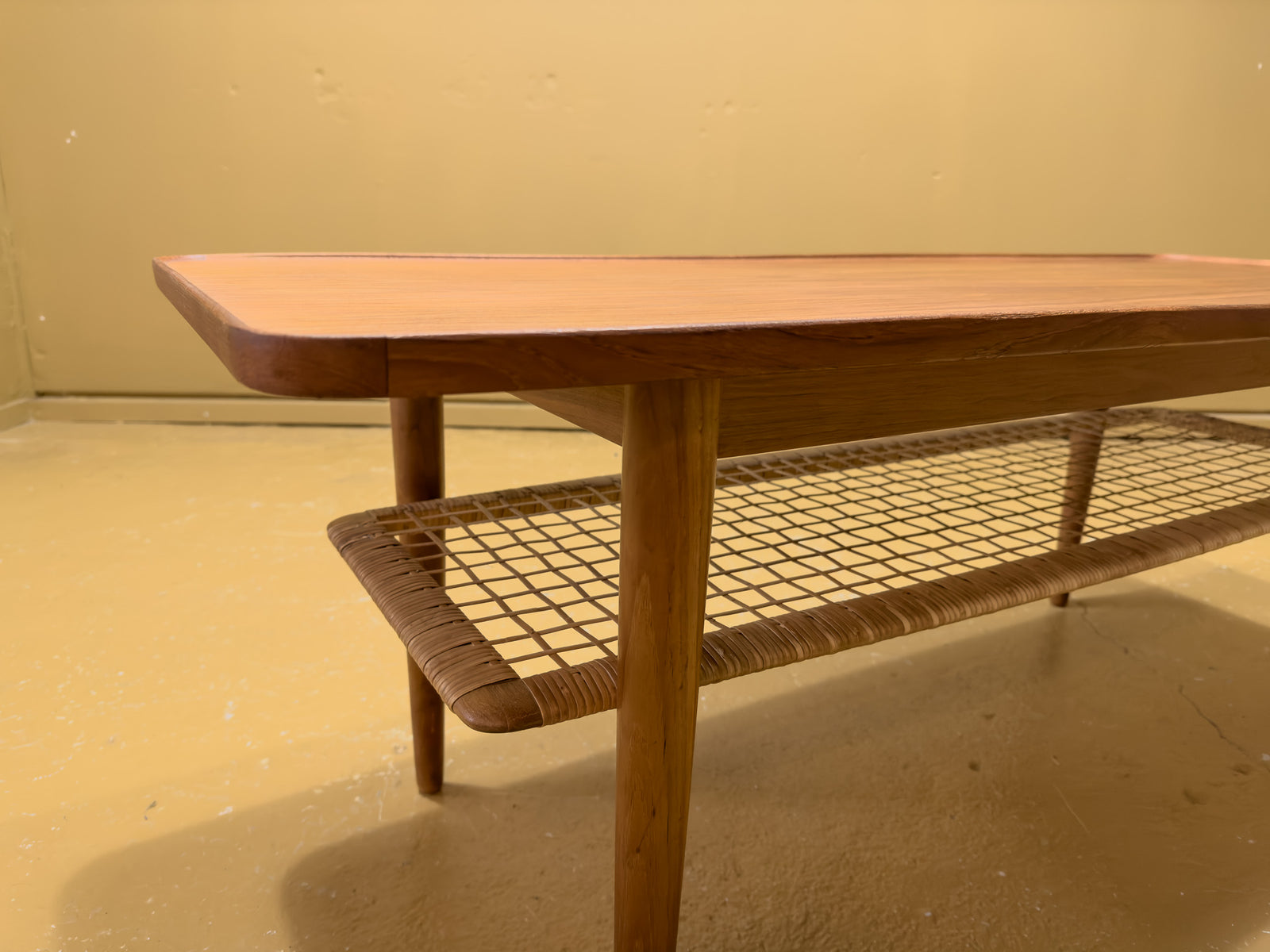 Teak Coffee Table with Wicker Shelf