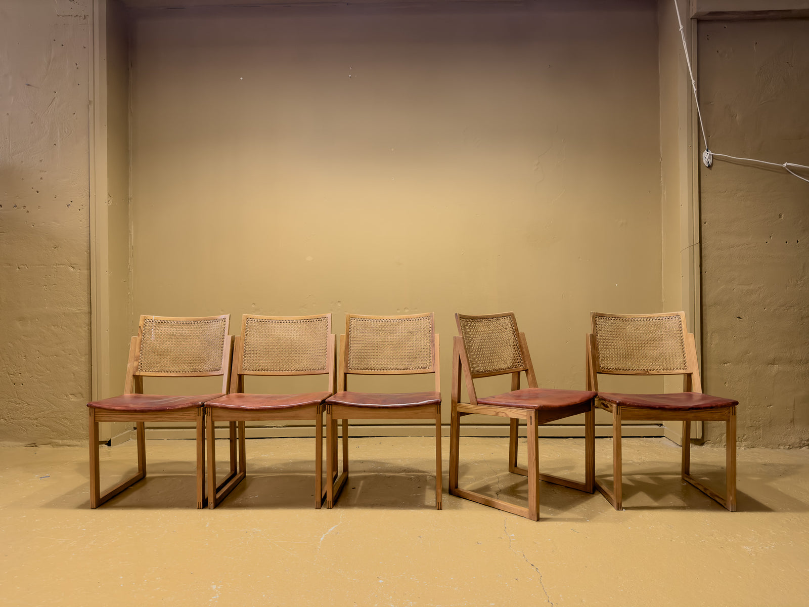 Kai Lyngfeldt Larsen Set of 5 Pine and Cane Chairs