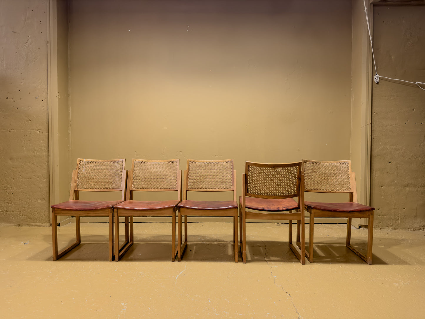 Kai Lyngfeldt Larsen Set of 5 Pine and Cane Chairs