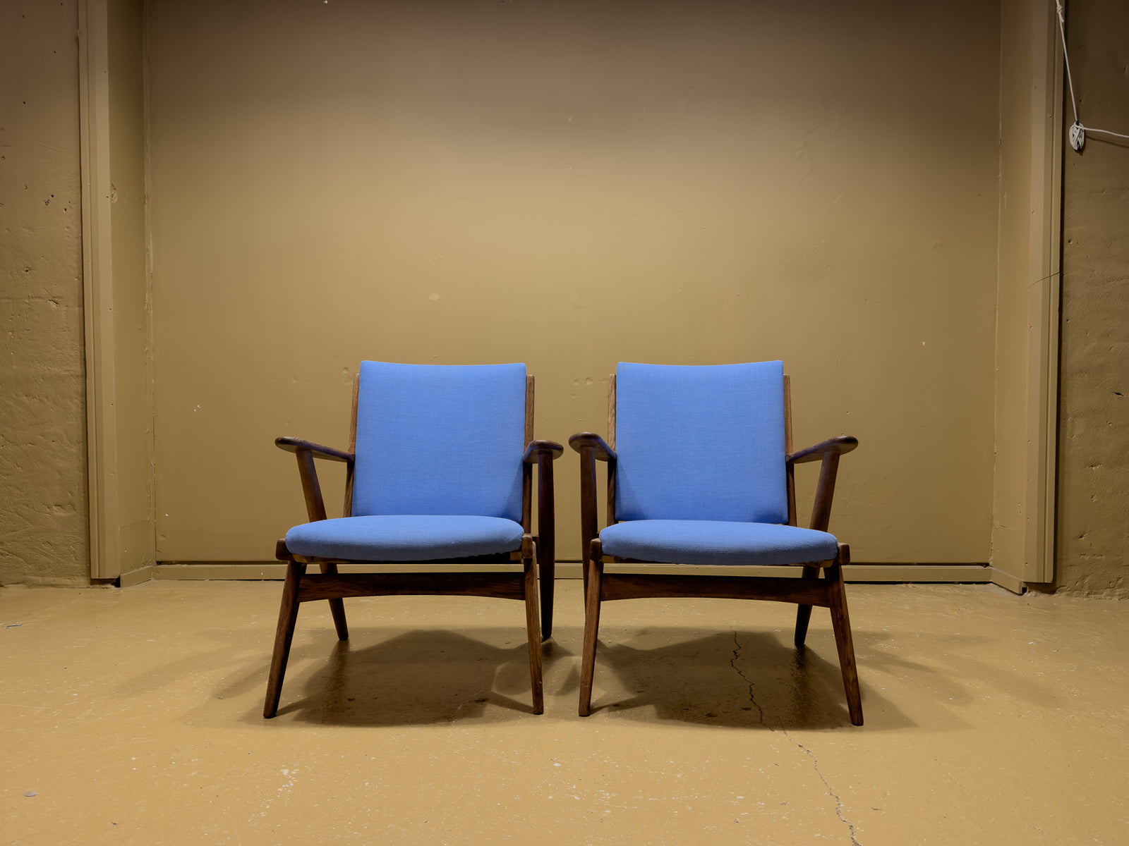 Blue Upholstered Teak Frame Lounge Chairs