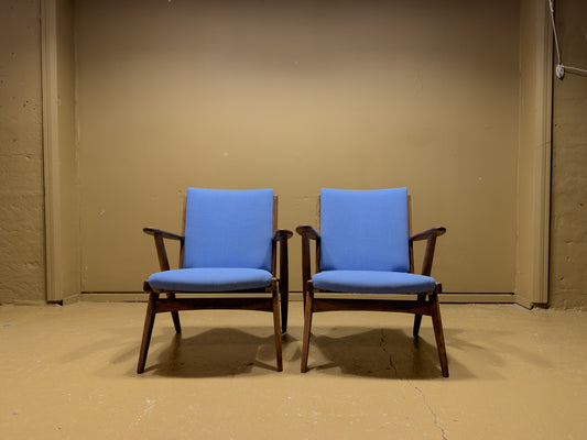 Blue Upholstered Teak Frame Lounge Chairs