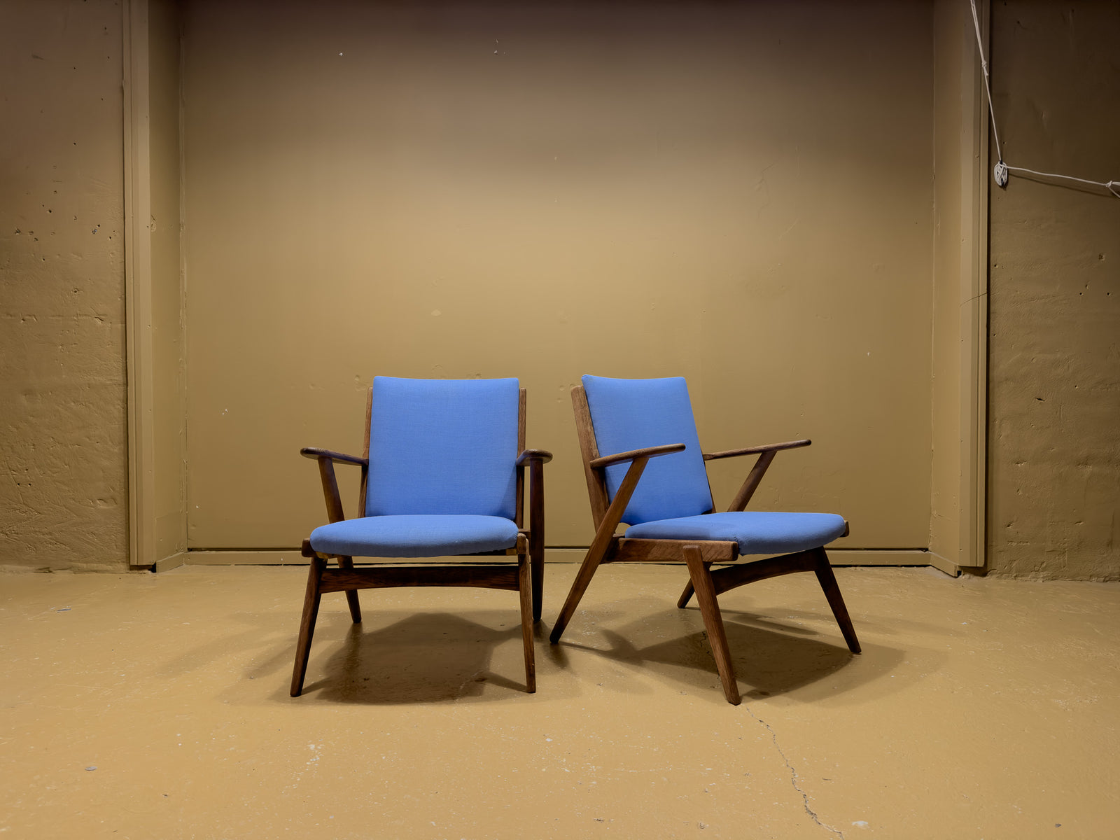 Blue Upholstered Teak Frame Lounge Chairs