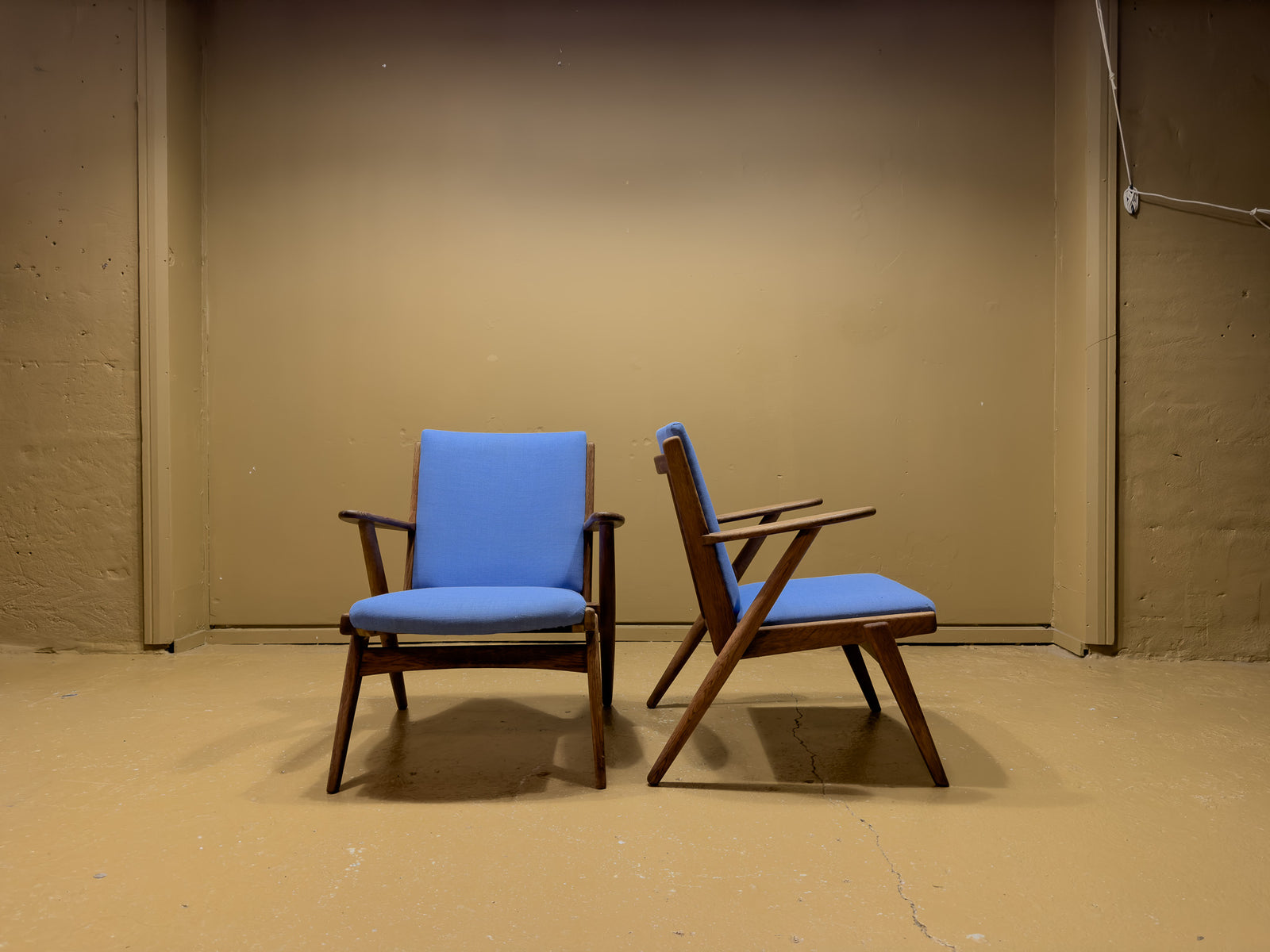 Blue Upholstered Teak Frame Lounge Chairs