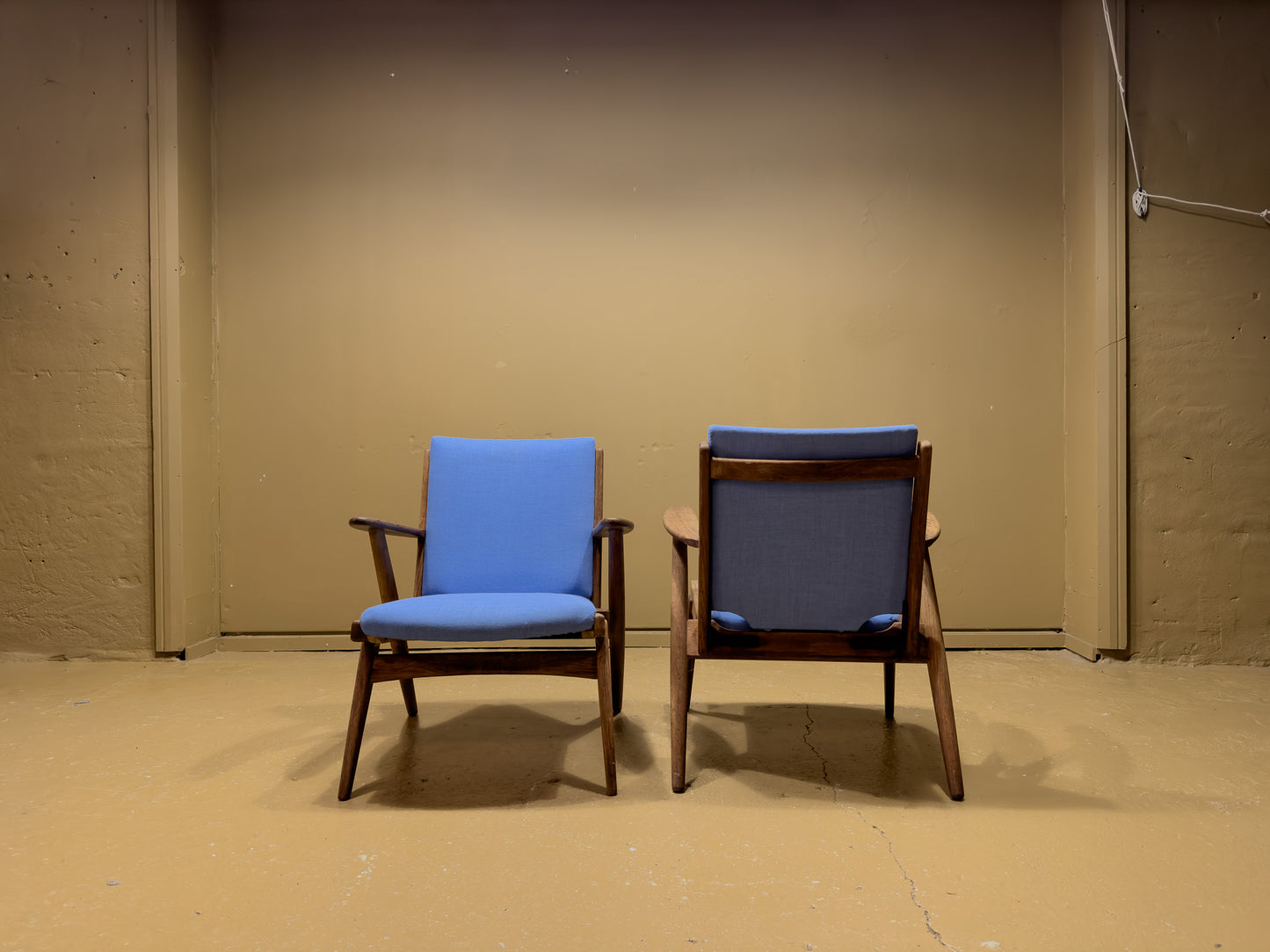 Blue Upholstered Teak Frame Lounge Chairs