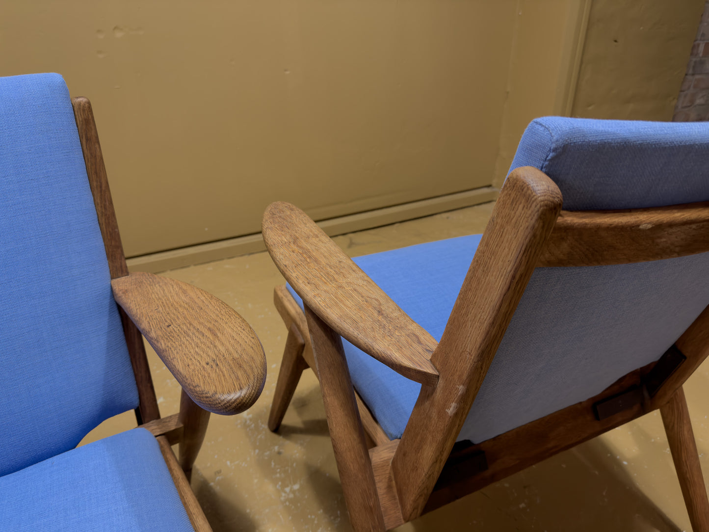 Blue Upholstered Teak Frame Lounge Chairs