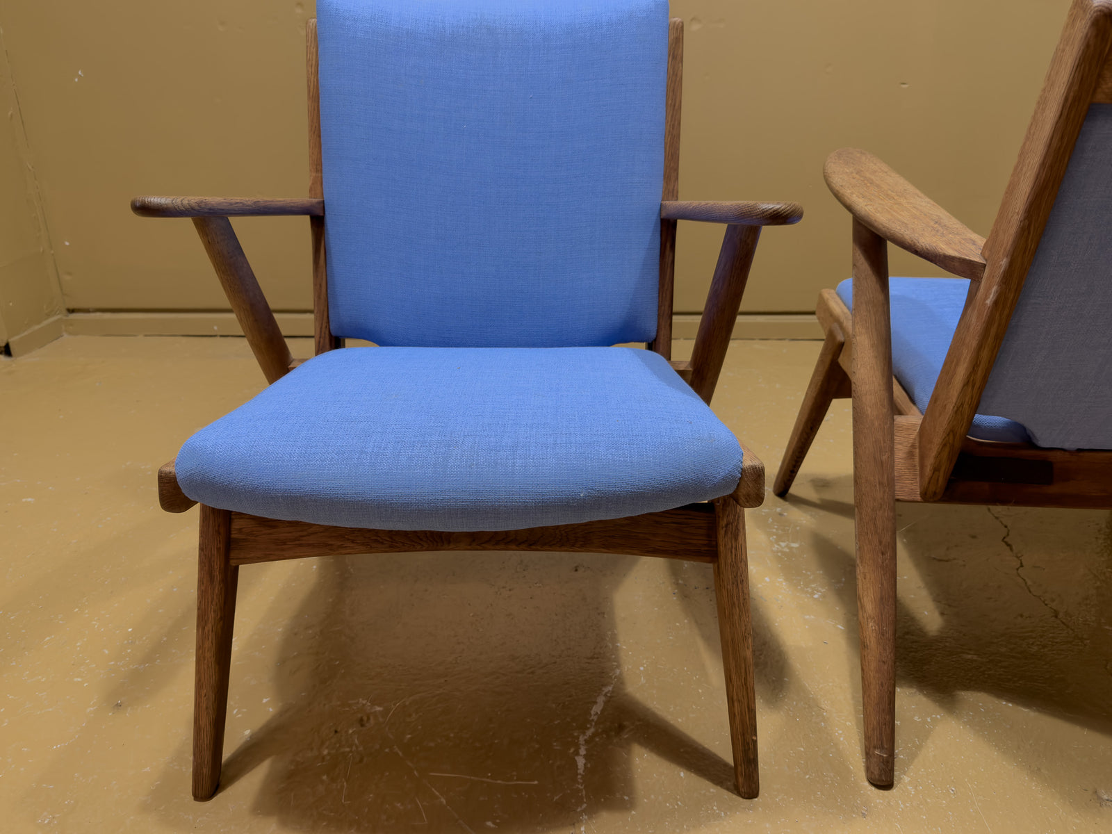 Blue Upholstered Teak Frame Lounge Chairs