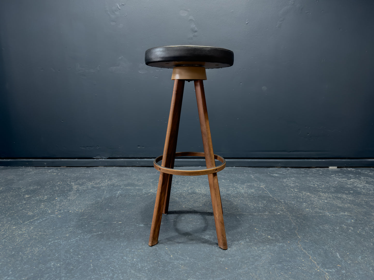 Hans Olsen Teak and Black Leather Bar Stool