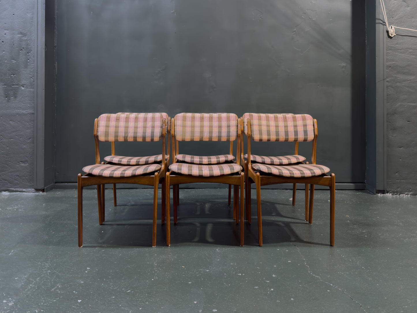 Set of 6 Teak and Plaid Upholstered Dining Chairs