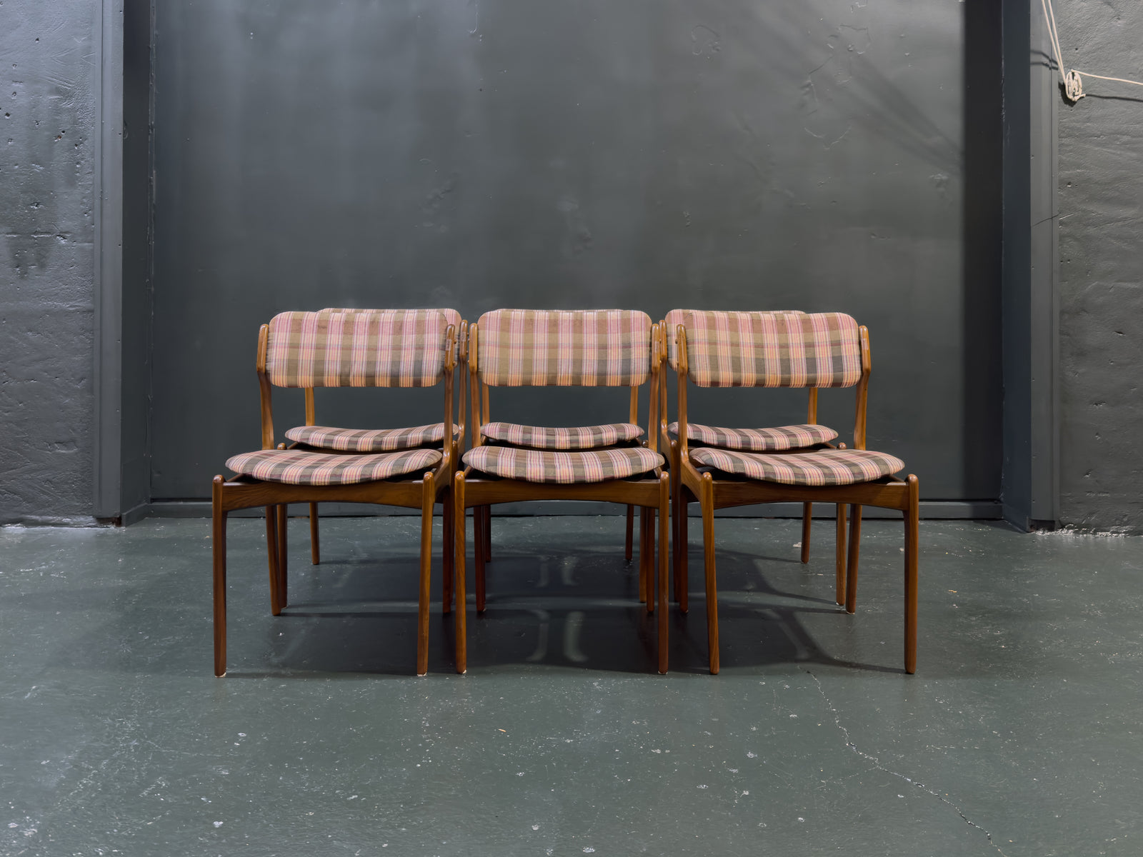Set of 6 Teak and Plaid Upholstered Dining Chairs