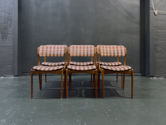 Set of 6 Teak and Plaid Upholstered Dining Chairs