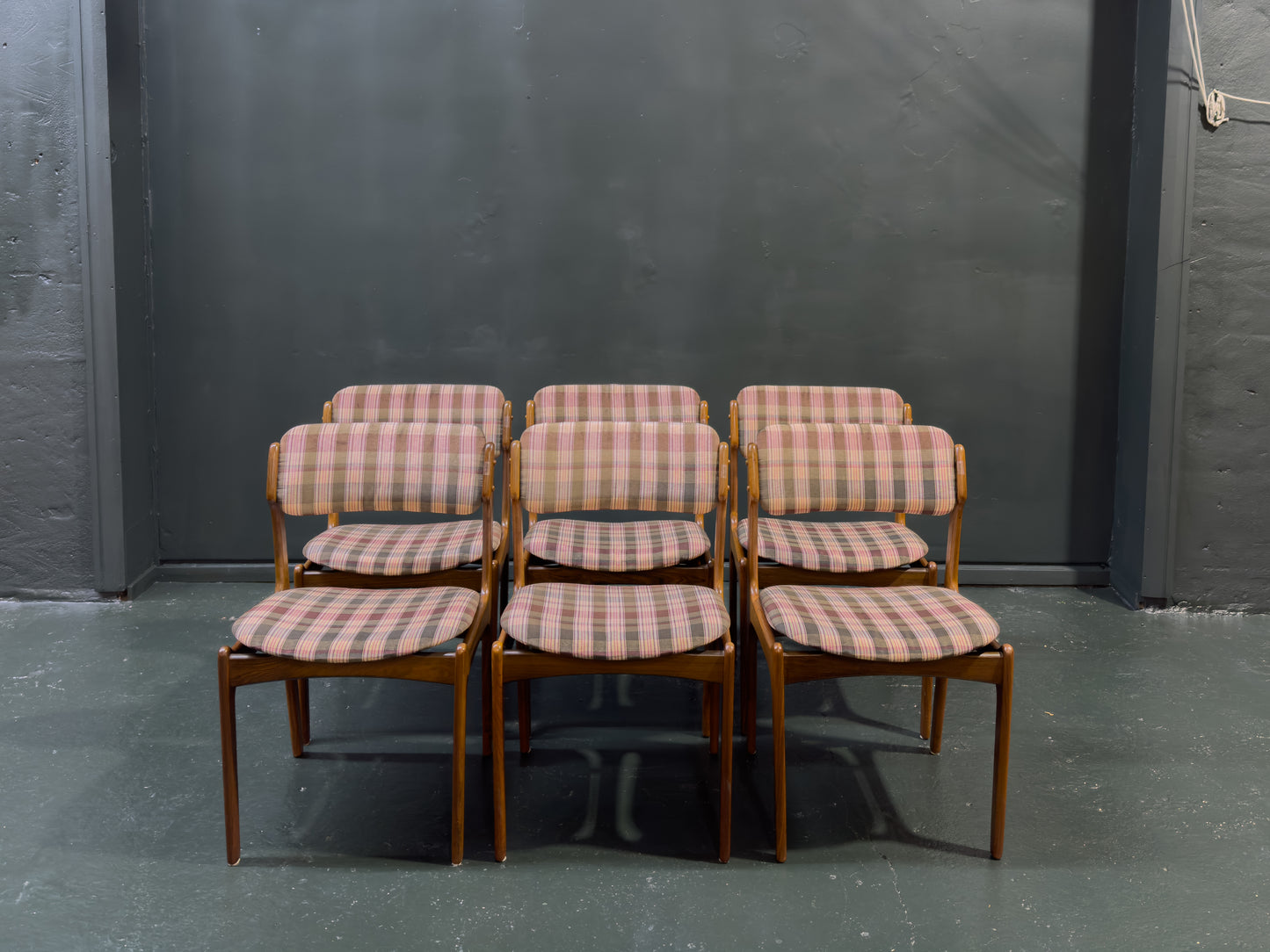 Set of 6 Teak and Plaid Upholstered Dining Chairs