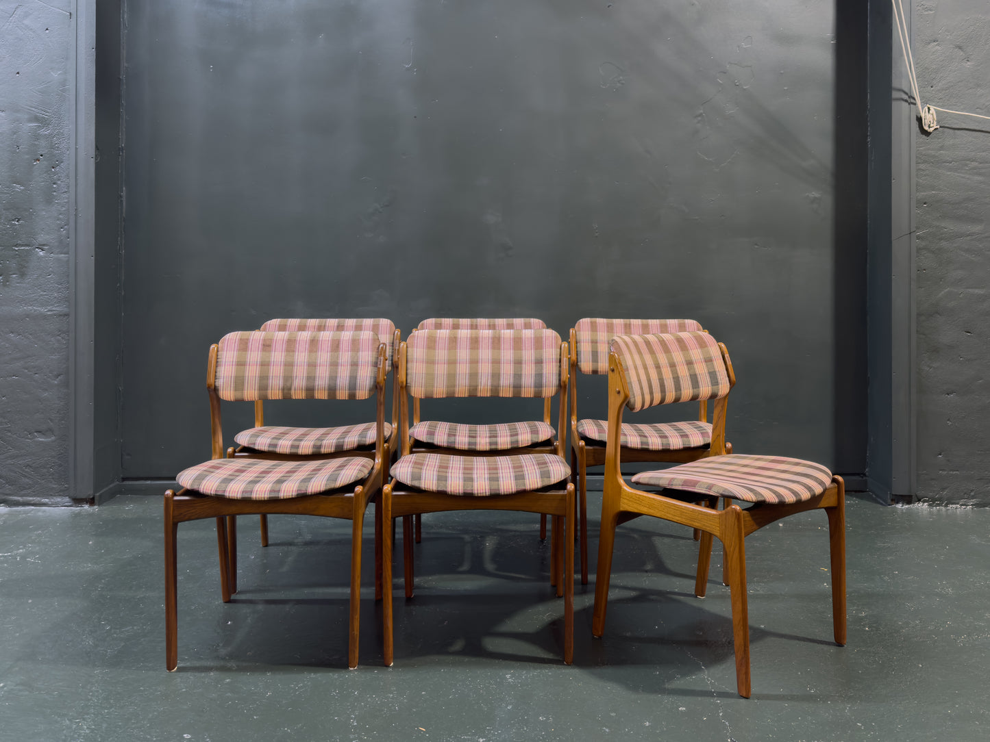 Set of 6 Teak and Plaid Upholstered Dining Chairs