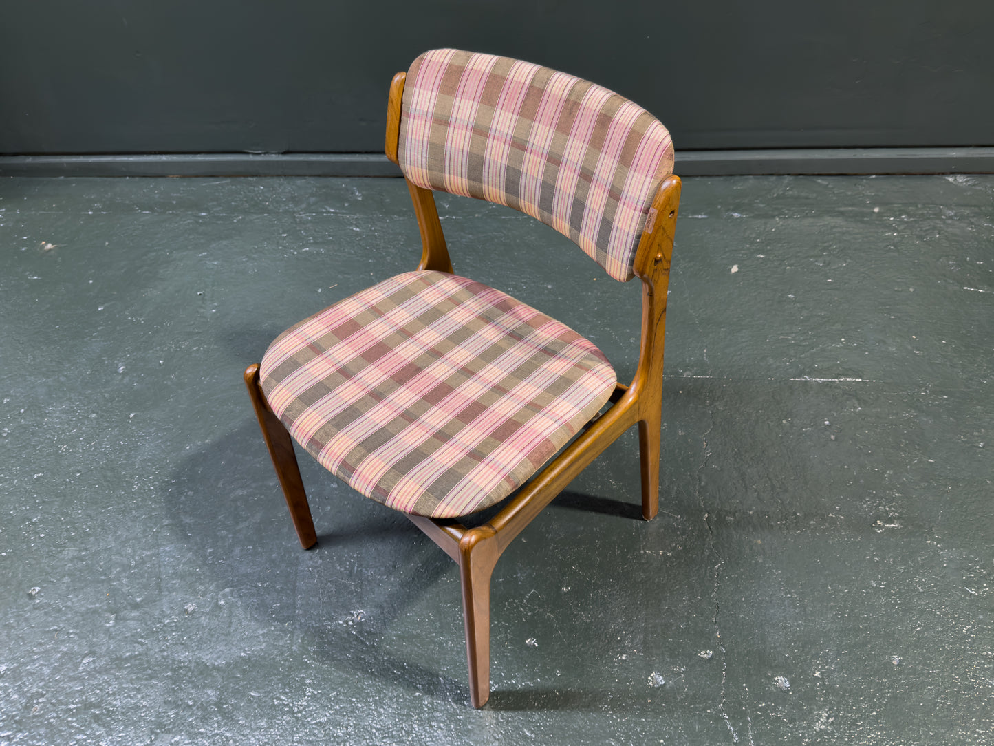 Set of 6 Teak and Plaid Upholstered Dining Chairs