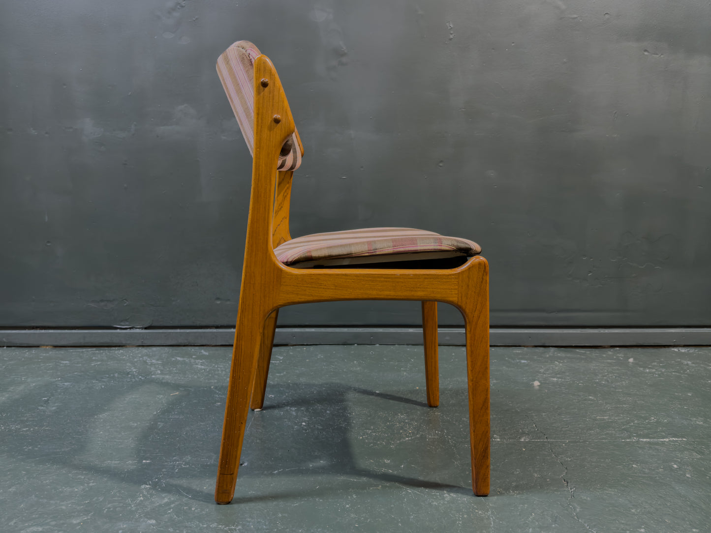 Set of 6 Teak and Plaid Upholstered Dining Chairs