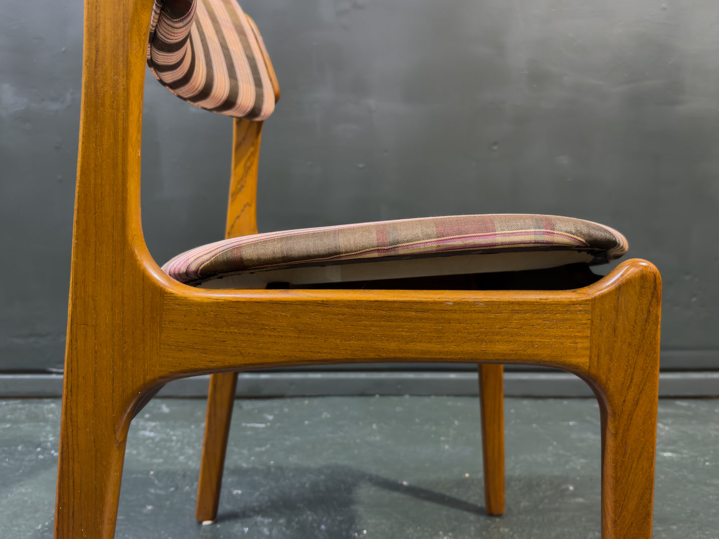 Set of 6 Teak and Plaid Upholstered Dining Chairs