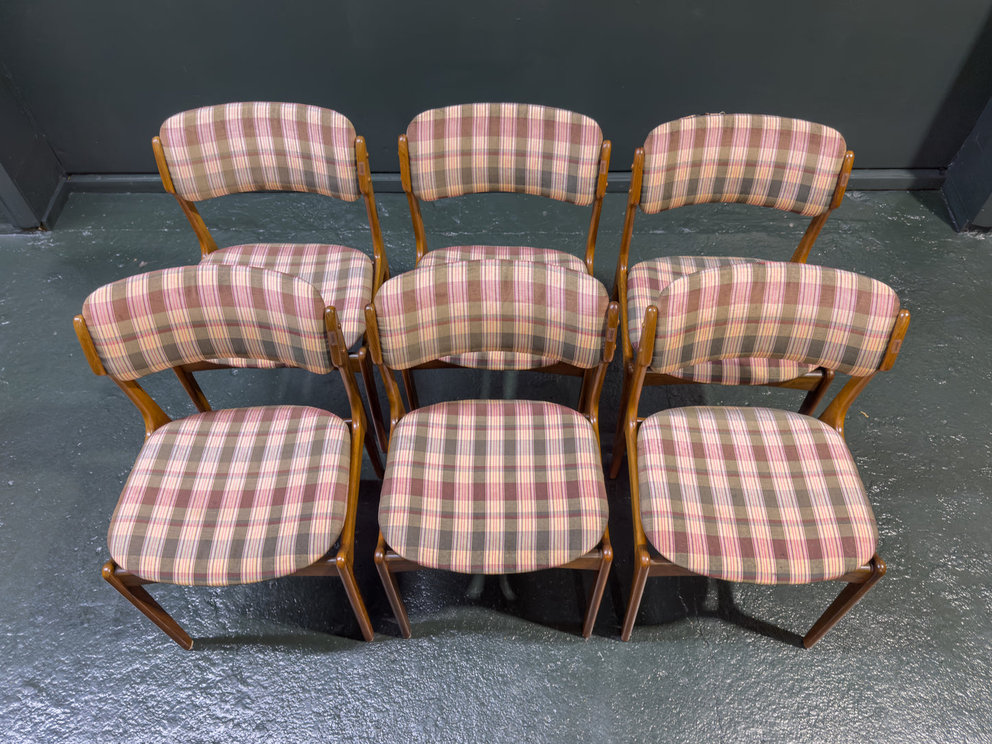 Set of 6 Teak and Plaid Upholstered Dining Chairs