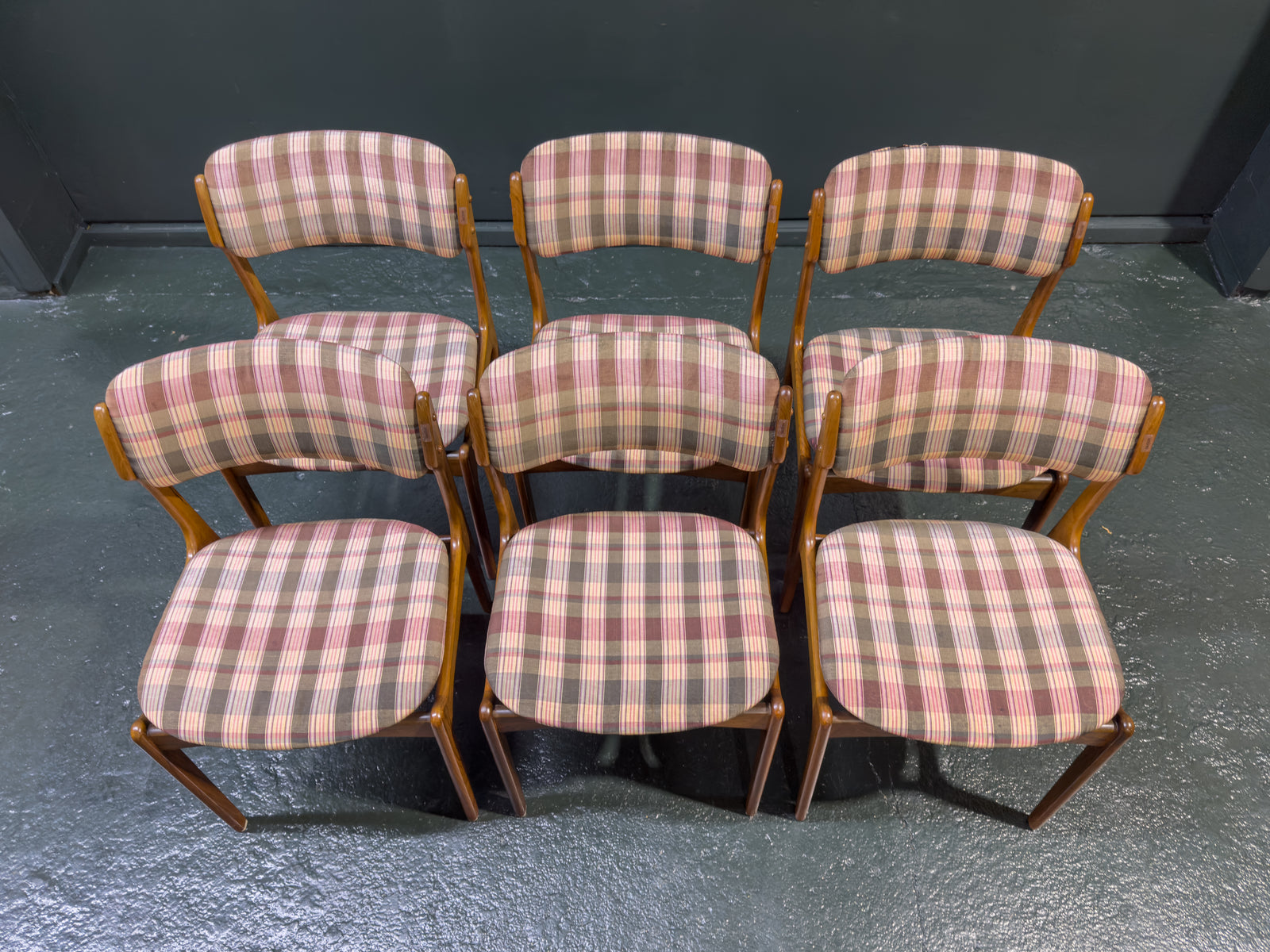Set of 6 Teak and Plaid Upholstered Dining Chairs
