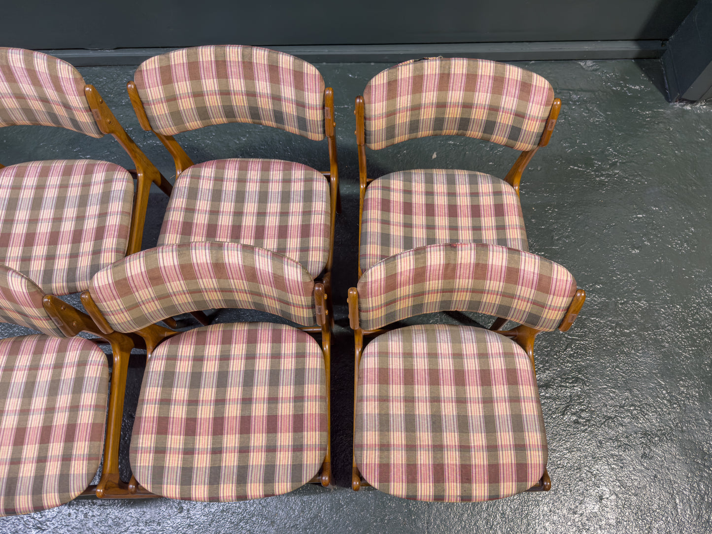 Set of 6 Teak and Plaid Upholstered Dining Chairs