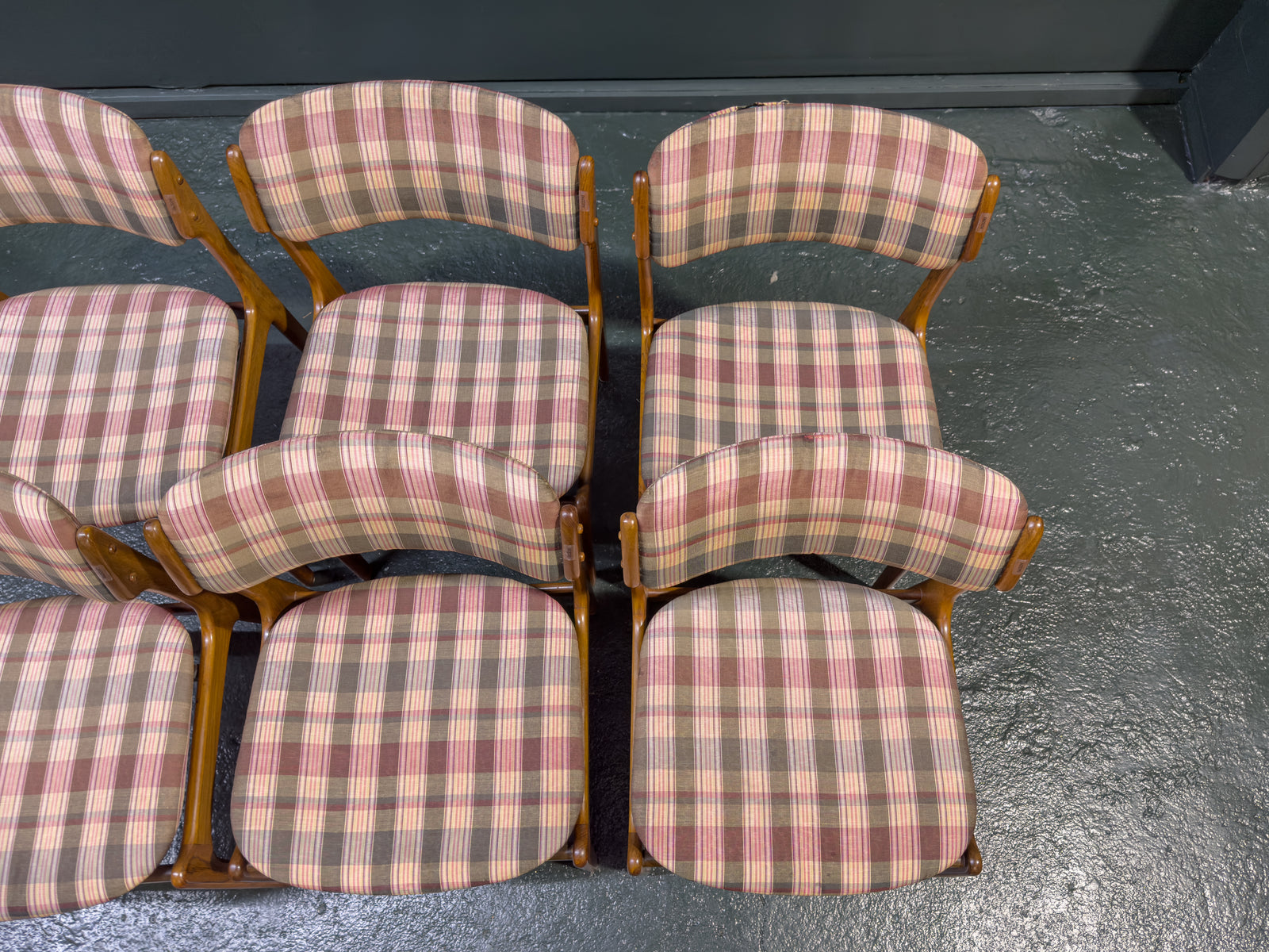 Set of 6 Teak and Plaid Upholstered Dining Chairs