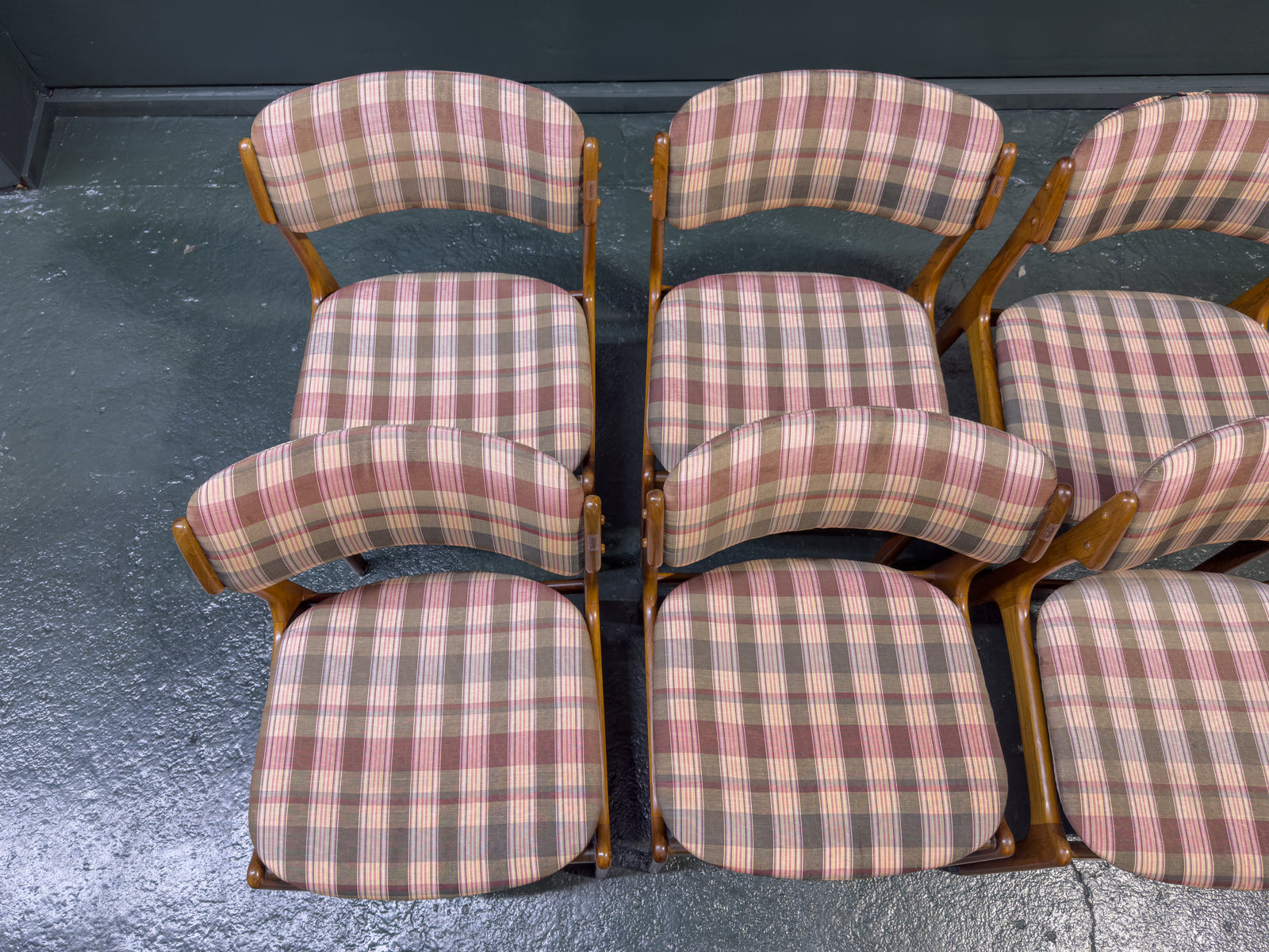 Set of 6 Teak and Plaid Upholstered Dining Chairs