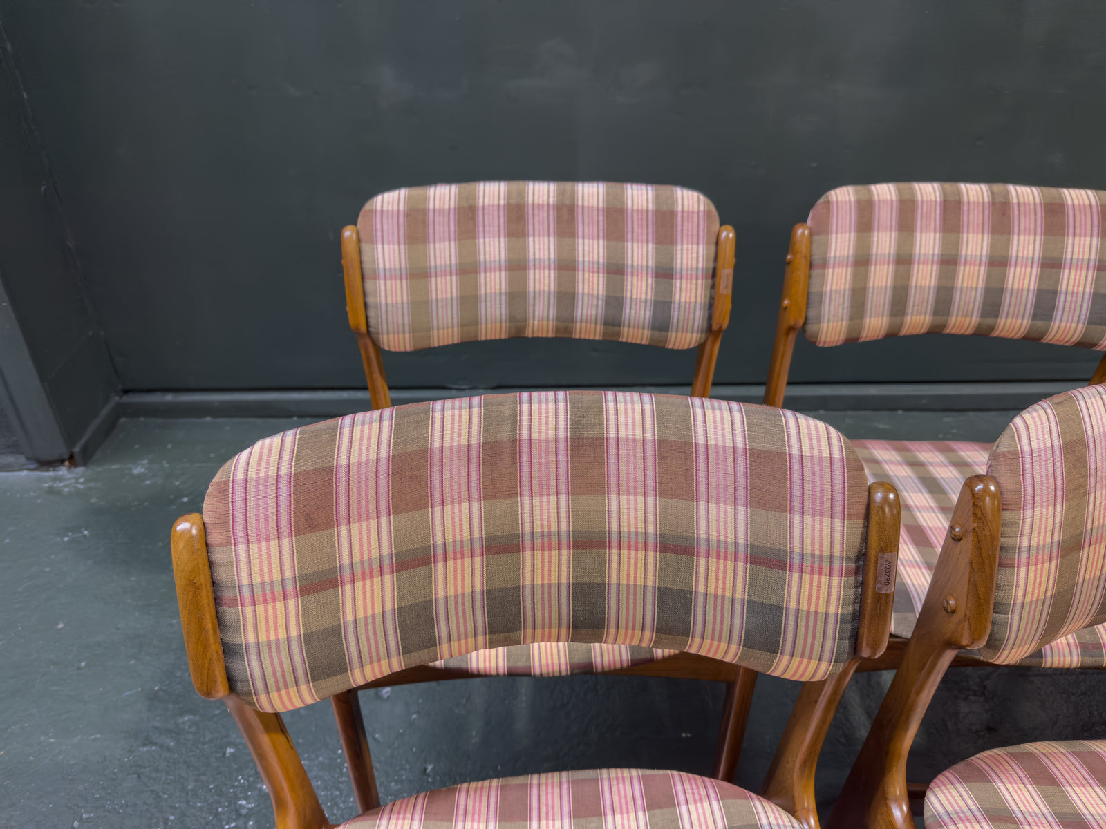 Set of 6 Teak and Plaid Upholstered Dining Chairs