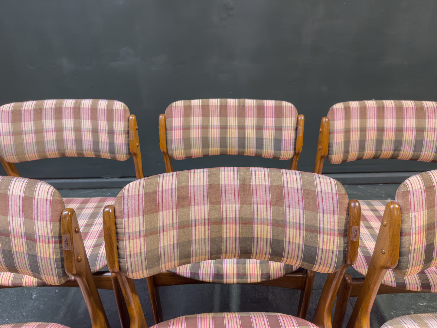 Set of 6 Teak and Plaid Upholstered Dining Chairs