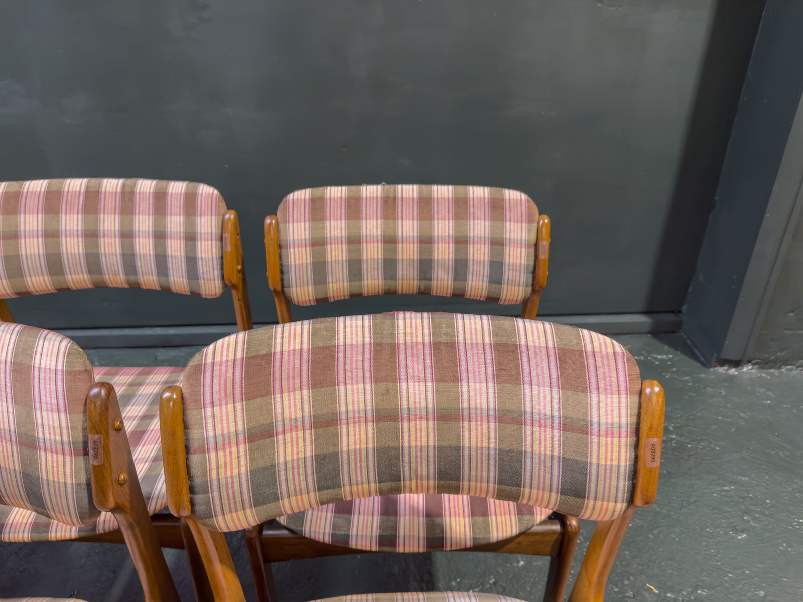 Set of 6 Teak and Plaid Upholstered Dining Chairs