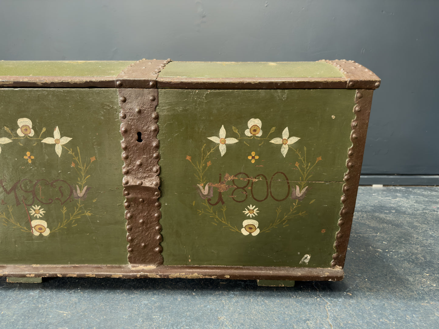 Large Green Painted Danish Folk Chest