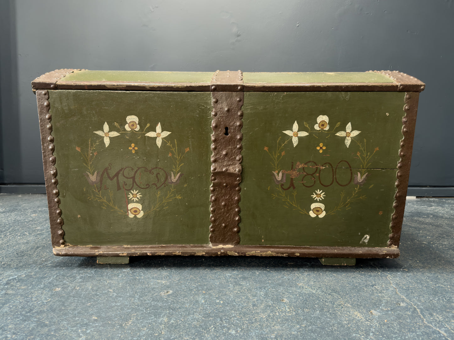 Large Green Painted Danish Folk Chest